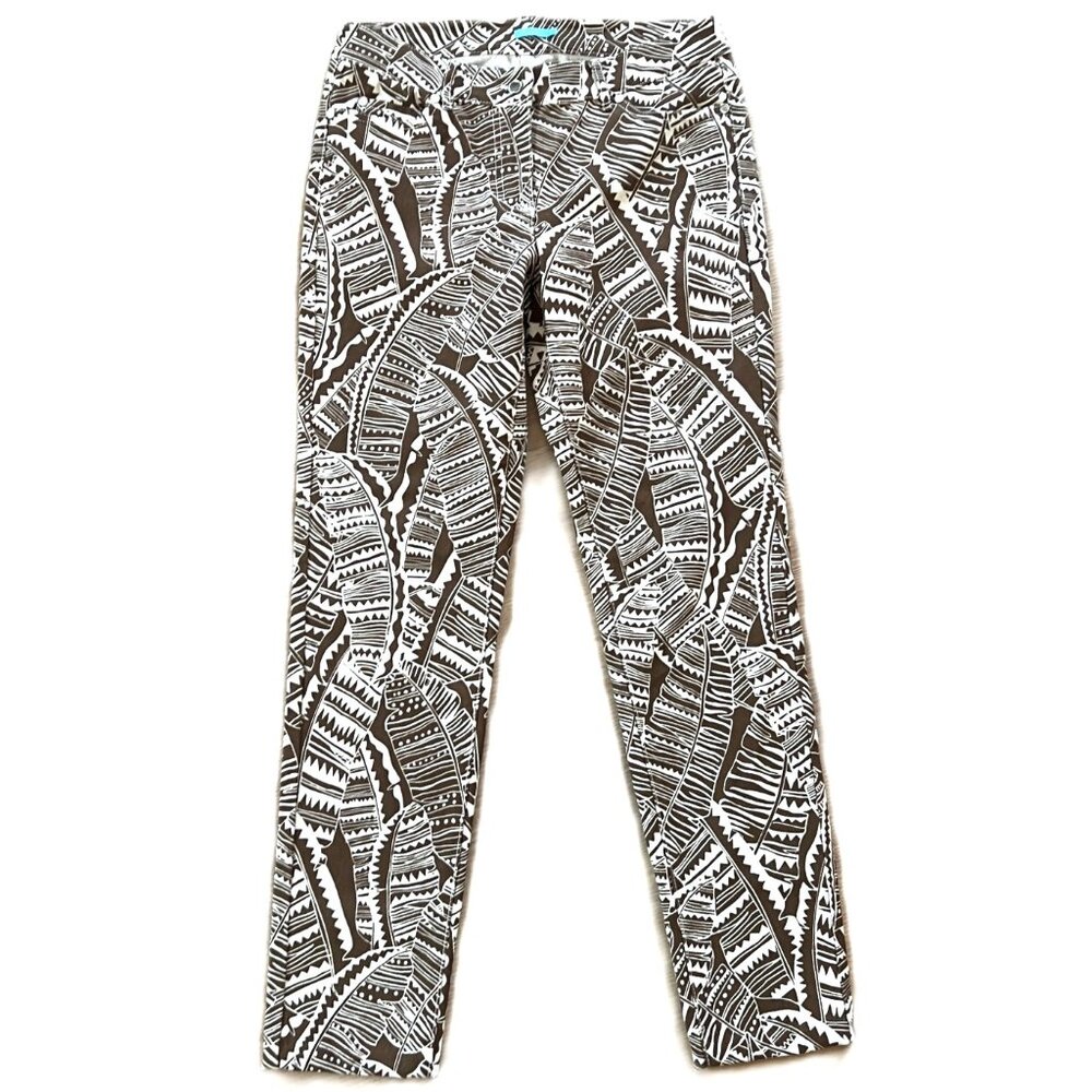 J. McLaughlin Brown & White Tropical Print Slim Fit Straight Leg Jeans Size 6